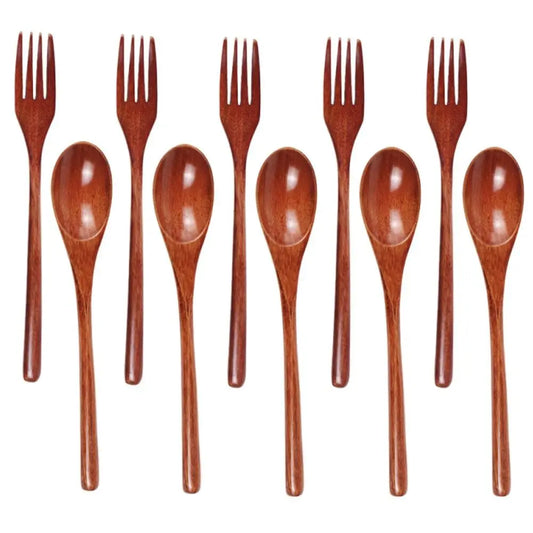 10Pcs/Set Food-grade Forks and Spoons Set Smooth Reusable Wooden Tableware Set Non-slip Easy Clean Service Spoon Kit